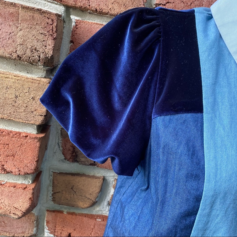 Blue Color Block Velvet & Chambray Button Shirt S - image 7